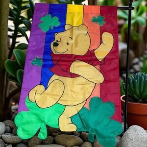 Disney Winnie the Pooh Garden Flag St Patricks Day Rainbow 27"x44" Decor Vintage